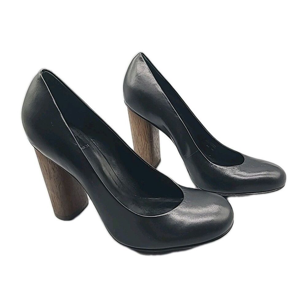 Tory Burch women pumps black leather wooden heel round toe heels shoes sz 6 new